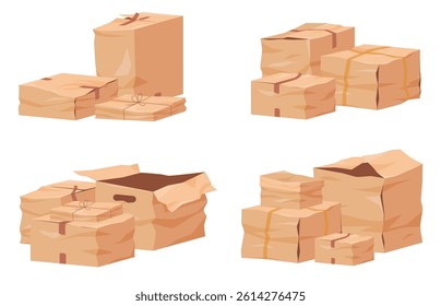 Damaged cardboard boxes. Torn and bent transport packaging. Damaged parcels and cargo. Vector illustration