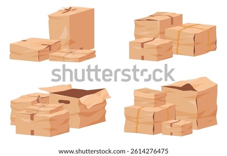 Damaged cardboard boxes. Torn and bent transport packaging. Damaged parcels and cargo. Vector illustration