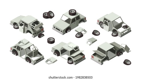 Damaged cars. Abandoned vehicles rusty old broken cars metalic vintage transport garish vector illustrations isometric set