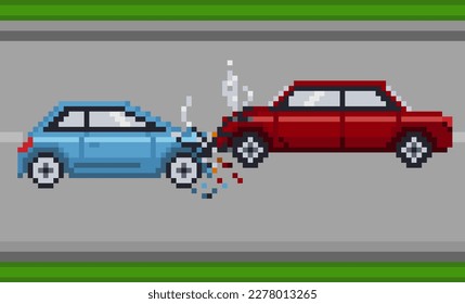 Damaged cars after collision on the road, pixel art illustration. svg
