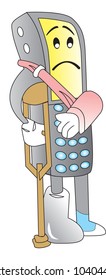 Damaged Cellphone, with Arm Splint and Tourniquet, Leg Crutch and Cast, Sad Face, vector illustration