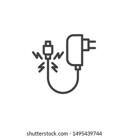 Damaged charger cable line icon. linear style sign for mobile concept and web design. Broken charger wire outline vector icon. Symbol, logo illustration. Vector graphics