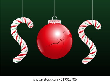 A damaged christmas ball and two candy canes make the word SOS, as a symbol for problems concerning xmas. Vector illustration on green gradient background.