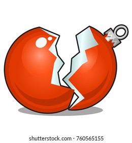 Damaged Christmas toy in the form of a broken red glass ball isolated on white background. Vector cartoon close-up illustration.