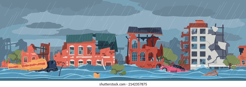 Damaged city landscape. Global flooding, cityscape damaged house facades, natural cataclysm, water disaster illustration, urban constructions ruins panorama, vector cartoon flat concept