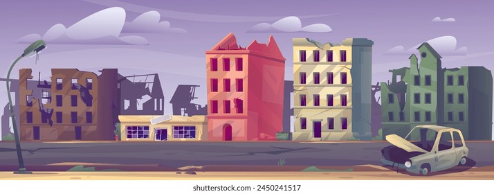 Damaged city landscape. Panorama of town ruin. Abandoned buildings with fissures. Post apocalyptic cityscape. Broken houses. Warzone architecture. Earthquake destruction