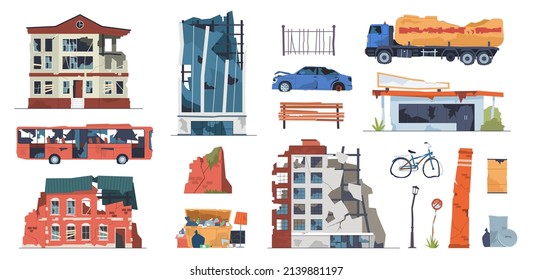 Damaged city objects  Collapsing urban buildings   transport  post apocalyptic destructions  war abandon houses  street ruins  broken car  bus   garbage truck  vector isolated set