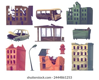 Damaged city objects. Urban post apocalypse landscape elements. Abandoned town buildings with fissures. Warzone houses. Earthquake destruction. Destroyed homes. Disaster