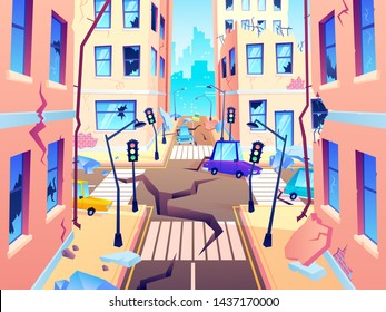 Damaged City Street. Earthquake Damage, Cataclysm Damages Road Destruction And Destroyed Urban Crossroad. Apocalypse Town, War Disaster Or Car Destroy Earthquake. World End Cartoon Vector Illustration