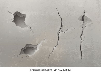 Damaged concrete wall texture. Vector realistic illustration of abstract black crack and holes on cement surface, ground fracture after earthquake, grungy interior design element, stone building ruin