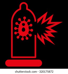 Damaged Condom With Virus vector icon. Style is flat symbol, red color, rounded angles, black background.