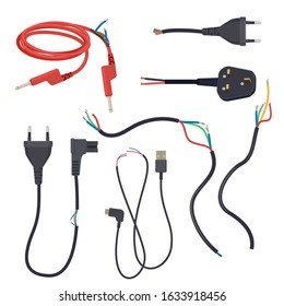 Damaged cord. Electrical cables cut lose signal break plug vector cartoon set