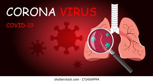 Damaged from Coronavirus cells with magnifying glass inspecting the affected on lung. COVID-19 with scary and evil face eating lung. 2019-nCoV concept.