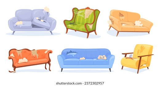 Damaged couches. Messy sofa with damage upholstery, junk old soft home furniture from broken apartment room, worn couch dirty trash mattress on bed sofas, neat vector illustration of messy damage