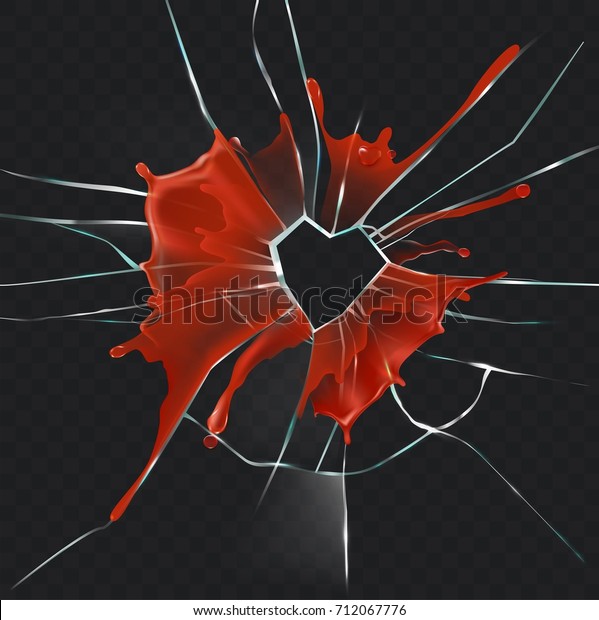 Damaged and\
cracked glass with hole in shape of heart in center, dripping blood\
splash realistic vector illustration on transparent background.\
Broken heart, break in\
relations