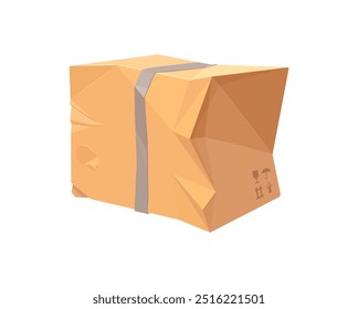 Damaged crumpled cardboard delivery box. Broken and ripped cargo parcel package. Vector distressed and poorly treated package, symbolizing shipping errors, damaged goods and transportation mishaps