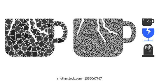 Damaged cup icon composition of humpy parts in different sizes and shades, based on damaged cup icon. Vector ragged parts are composed into composition. Damaged cup icons collage with dotted pattern.