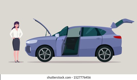 Damaged CUV car with an open hood and a young business woman. Vector flat style illustration.