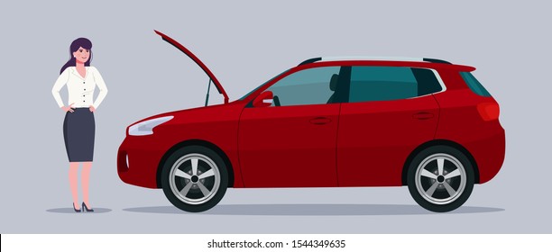 Damaged CUV car with an open hood and a young business woman. Vector flat style illustration.