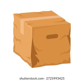 Caja de entrega dañada. Ilustración vectorial plana rota y húmeda del envase del envío del cartón. Caja de cartón rasgada arrugada sobre fondo blanco
