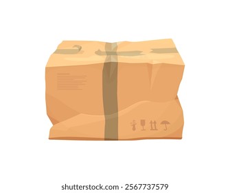 Damaged delivery box, crumpled and broken or ripped cardboard cargo package, vector icon. Damaged carton parcel or delivery carboard box with bent crumpled sides, torn adhesive tape and fragile signs