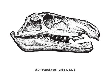 A damaged dinosaur skull in textured dotwork style, tattoo dino skull, vector prehistoric archaeology fossil icon. Jurassic reptile engraving sticker, triceratops silhouette, reptor head. Ruined skull