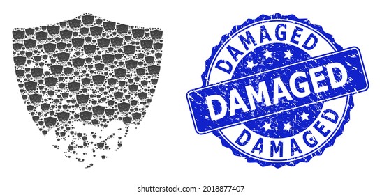 Damaged dirty round stamp seal and vector recursion mosaic damaged shield. Blue stamp seal includes Damaged title inside round shape. Vector mosaic is formed with recursive damaged shield pictograms.