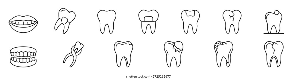 Conjunto de iconos de dientes dañados y enfermos: caries dental, dientes rotos, extracción y dentaduras postizas