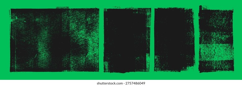 Damaged distressed linocut stamp texture set with rough crumpled edges. Handmade ink roller texture on green organic background. Graphic urban grunge block shapes set. Aged grain backdrops.