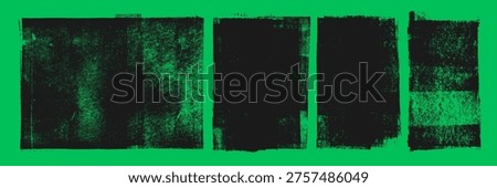 Damaged distressed linocut stamp texture set with rough crumpled edges. Handmade ink roller texture on green organic background. Graphic urban grunge block shapes set. Aged grain backdrops.
