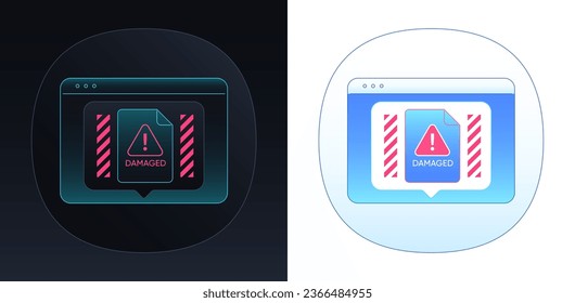 Damaged document. Computer window frame with corrupted file notice. Digital data damage, system file error, detect danger document. Computer system crash report, unsafe data warn. Vector illustration