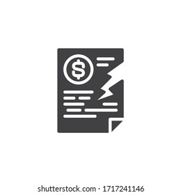 Damaged dollar invoice vector icon. Financial contract termination filled flat sign for mobile concept and web design. Torn bank check glyph icon. Symbol, logo illustration. Vector graphics