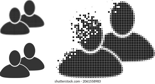 Damaged dot customers icon with halftone version. Vector wind effect for customers icon. Pixel dissipating effect for customers gives movement of cyberspace matter.