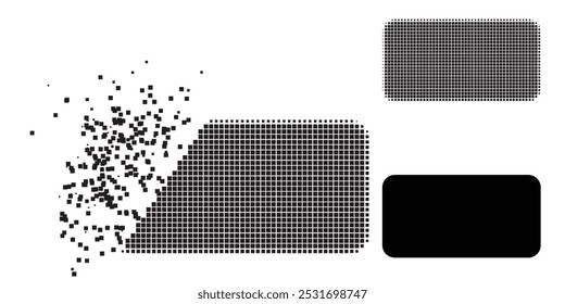 Damaged dot rounded rectangle pictogram with halftone version. Vector wind effect for rounded rectangle pictogram. Pixel burst effect for rounded rectangle shows speed of cyberspace concepts.