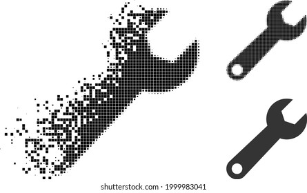 Damaged dot spanner tool icon with halftone version. Vector wind effect for spanner tool icon. Pixel dematerialization effect for spanner tool gives movement of virtual items.