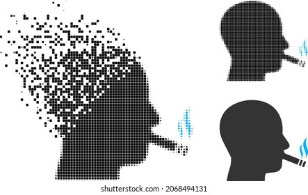 Damaged dotted cigarette smoker pictogram with halftone version. Vector wind effect for cigarette smoker pictogram. Pixel disintegration effect for cigarette smoker gives motion of virtual things.