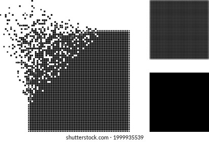 Gedottes quadratisches Piktogramm mit halftonischer Version beschädigt. Vektorwindeffekt für quadratisches Piktogramm. Pixel Integration Effekt für Quadrat zeigt Geschwindigkeit von virtuellen Abstraktionen.