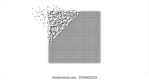 Beschädigtes quadratisches Piktogramm mit Halbtonausführung. Vektorwindeffekt für quadratisches Piktogramm. Der Effekt der Pixelintegration für Quadrate zeigt die Geschwindigkeit virtueller Abstraktionen.