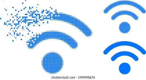 Damaged dotted wi-fi source icon with halftone version. Vector destruction effect for wi-fi source icon. Pixel disintegration effect for wi-fi source shows motion of virtual world.