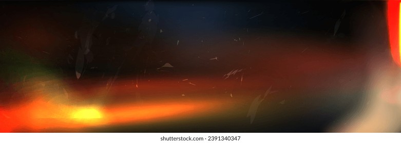 Textura de película polvorienta dañada. Ilustración vectorial realista de fondo abstracto borroso naranja y negro, efecto de fuga de luz, material vintage, bengala retro para imágenes nostálgicas, flash de luz solar