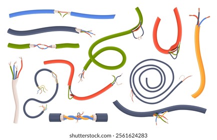 Damaged electric cables. Cartoon torn color cords, broken communication wires, flexible pieces, protruding copper energy wires isolated on white background voltage twisted nowaday vector set