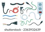 Damaged electric cables. Electric wiring circuit with broken insulation, energy conductor and voltage fiber. Vector isolated set of cable power electric illustration