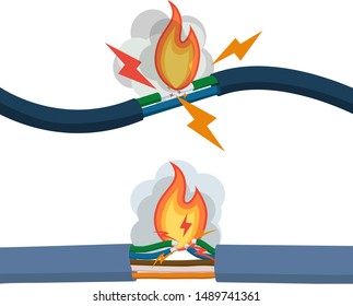 Cable eléctrico dañado con chispas y fuego
