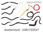 Damaged electronic cables. Danger with voltage due to broken wire. Breakdown of electrical appliances. Vector illustration
