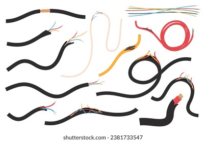 Damaged electronic cables. Danger with voltage due to broken wire. Breakdown of electrical appliances. Vector illustration