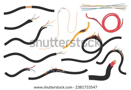 Damaged electronic cables. Danger with voltage due to broken wire. Breakdown of electrical appliances. Vector illustration