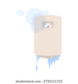 Calentador de agua electrónico dañado que gotea y humeando con el indicador roto en la Ilustración vectorial aislada del fondo blanco