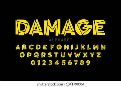 Damaged font, alphabet letters and numbers vector illustration