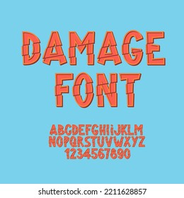 Damaged Font. Broken English Letters and Numbers from 0 to 9. Sliced shift typography.