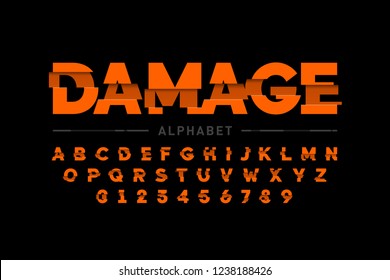 Damaged font design, alphabet letters and numbers vector illustration